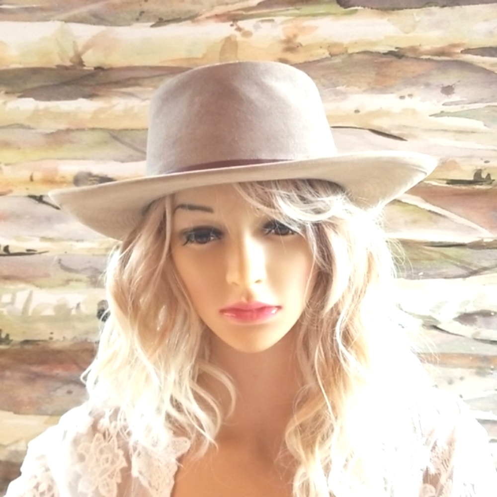 70's UNION Beige Tan SUEDE Boater Country RANCHER Cowgirl Hat EUVC OS
